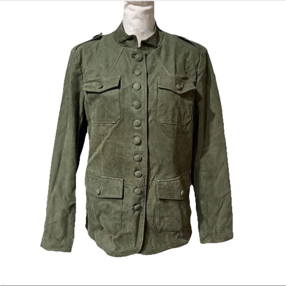 Twiggy London Suede Jacket Military Moto Mid Length Women's Size L Lined Green